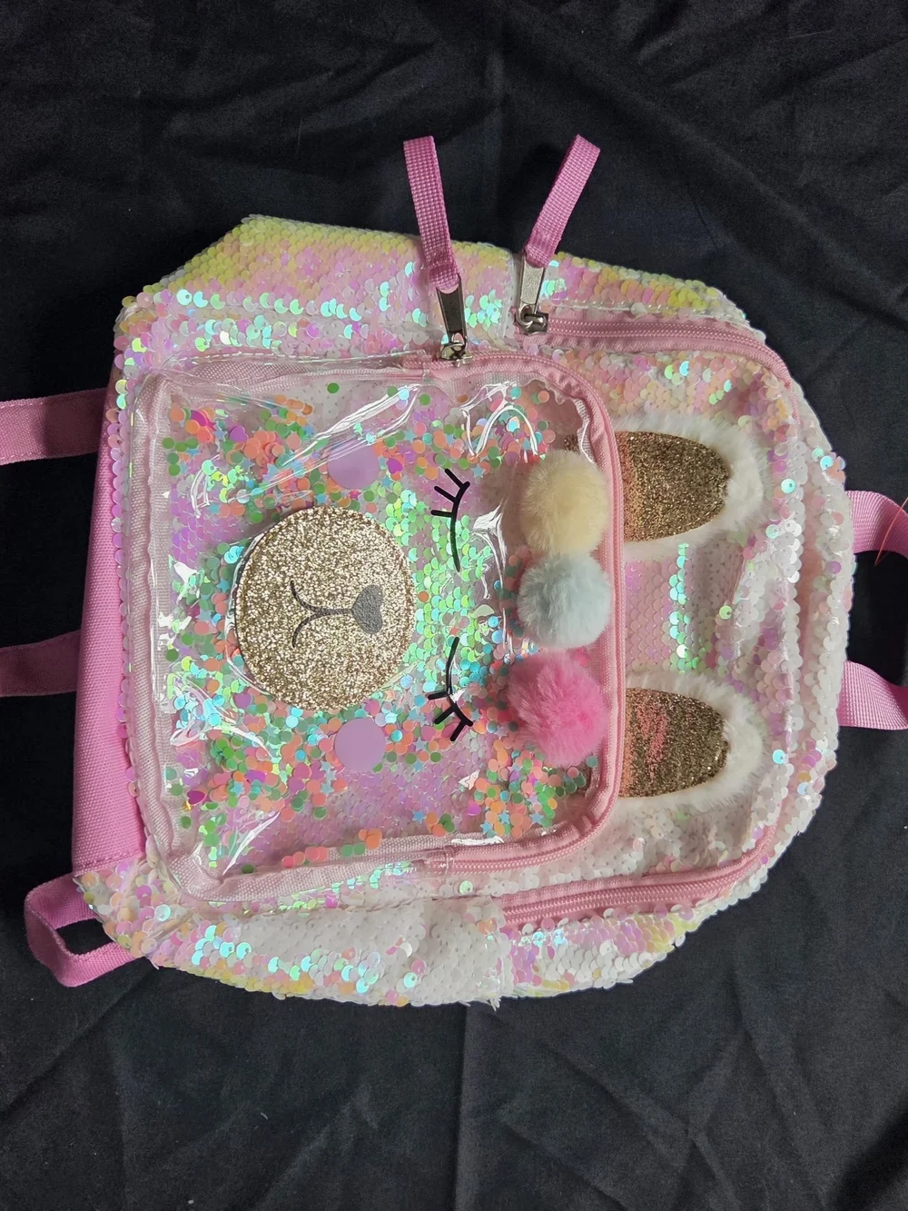 Cat & Jack Pink Sequin Unicorn Pom-Pom Kids Backpack